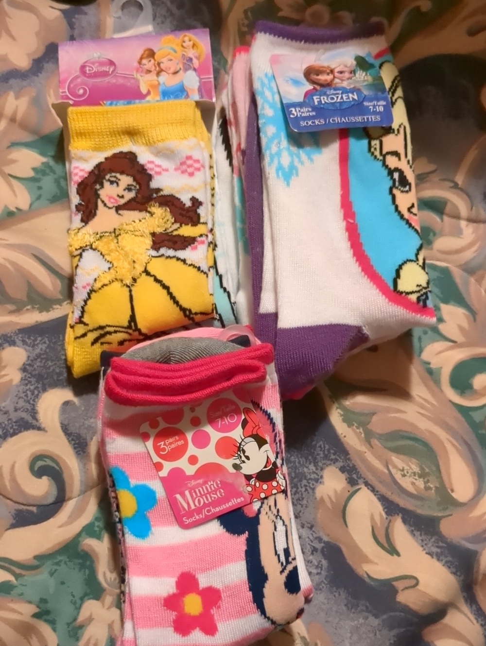 Disney Kids Character Socks Trio - Yellow, Pink, Blue, Purple, White